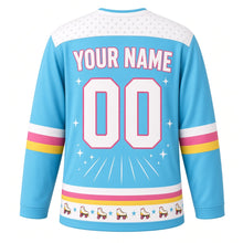 Load image into Gallery viewer, Retro Roller Disco Original Hockey Jersey in Neon Aqua, back view with your name and number – star and sparkle yoke and retro rainbow-stripe sleeve bands