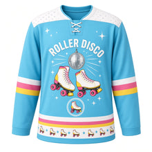 Load image into Gallery viewer, Retro Roller Disco Original Hockey Jersey in Neon Aqua, front view – retro roller skates under a disco mirror ball with roller skate crest, custom name and number
