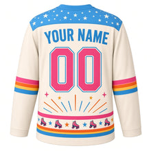 Load image into Gallery viewer, Retro Roller Disco Original Hockey Jersey in Roller Rink Cream, back view with your name and number – star and sparkle yoke and retro rainbow-stripe sleeve bands