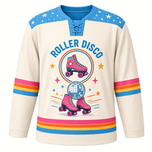 Load image into Gallery viewer, Retro Roller Disco Original Hockey Jersey in Roller Rink Cream, front view – retro roller skates under a disco mirror ball with roller skate crest, custom name and number