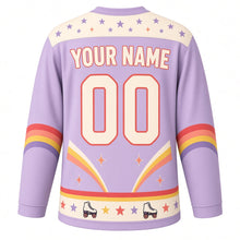 Load image into Gallery viewer, Retro Roller Disco Original Hockey Jersey in Groovy Lilac, back view with your name and number – star and sparkle yoke and retro rainbow-stripe sleeve bands