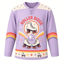 Load image into Gallery viewer, Retro Roller Disco Original Hockey Jersey in Groovy Lilac, front view – retro roller skates under a disco mirror ball with roller skate crest, custom name and number