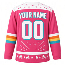 Load image into Gallery viewer, Retro Roller Disco Original Hockey Jersey in Disco Pink, back view with your name and number – star and sparkle yoke and retro rainbow-stripe sleeve bands