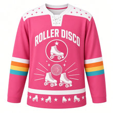 Load image into Gallery viewer, Retro Roller Disco Original Hockey Jersey in Disco Pink, front view – retro roller skates under a disco mirror ball with roller skate crest, custom name and number