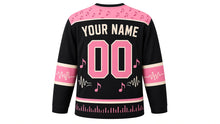 Load image into Gallery viewer, Retro Vinyl Groove Original Hockey Jersey in Vinyl Black, back view with your name and number – music-note yoke and sound-wave sleeve bands