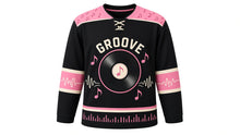 Load image into Gallery viewer, Retro Vinyl Groove Original Hockey Jersey in Vinyl Black, front view – large vinyl record with floating music notes and record crest, custom name and number