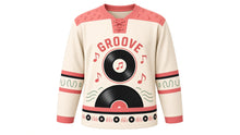 Load image into Gallery viewer, Retro Vinyl Groove Original Hockey Jersey in Retro Cream, front view – large vinyl record with floating music notes and record crest, custom name and number