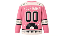 Load image into Gallery viewer, Retro Vinyl Groove Original Hockey Jersey in Bubblegum Pink, back view with your name and number – music-note yoke and sound-wave sleeve bands