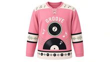 Load image into Gallery viewer, Retro Vinyl Groove Original Hockey Jersey in Bubblegum Pink, front view – large vinyl record with floating music notes and record crest, custom name and number