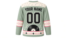 Load image into Gallery viewer, Retro Vinyl Groove Original Hockey Jersey in Sage Groove, back view with your name and number – music-note yoke and sound-wave sleeve bands