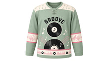 Load image into Gallery viewer, Retro Vinyl Groove Original Hockey Jersey in Sage Groove, front view – large vinyl record with floating music notes and record crest, custom name and number