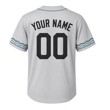 Load image into Gallery viewer, River Heron Milwaukee Baseball Jersey in Morning Mist Gray, back view with your name and number – custom block name and number with ripple stripe sleeves