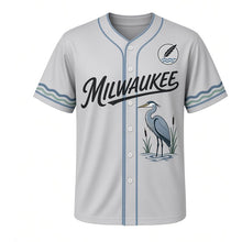 Load image into Gallery viewer, River Heron Milwaukee Baseball Jersey in Morning Mist Gray, front view – great blue heron and cattails graphic with feather-and-wave crest, custom name and number