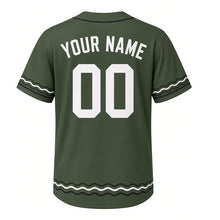 Load image into Gallery viewer, River Heron Milwaukee Baseball Jersey in Marsh Reed Green, back view with your name and number – custom block name and number with ripple stripe sleeves