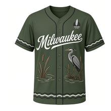 Load image into Gallery viewer, River Heron Milwaukee Baseball Jersey in Marsh Reed Green, front view – great blue heron and cattails graphic with feather-and-wave crest, custom name and number