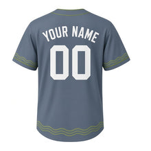 Load image into Gallery viewer, River Heron Milwaukee Baseball Jersey in River Slate Blue, back view with your name and number – custom block name and number with ripple stripe sleeves