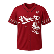 Load image into Gallery viewer, River Ice Skating Milwaukee Baseball Jersey in Winter Berry Red, front view – laced ice skates and snowflake graphic with snowflake crest, custom name and number