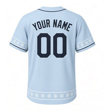 Load image into Gallery viewer, River Ice Skating Milwaukee Baseball Jersey in Frost Blue, back view with your name and number – custom block name and number with snowflake-stripe sleeves