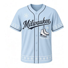 Load image into Gallery viewer, River Ice Skating Milwaukee Baseball Jersey in Frost Blue, front view – laced ice skates and snowflake graphic with snowflake crest, custom name and number