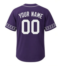 Load image into Gallery viewer, River Ice Skating Milwaukee Baseball Jersey in Dusk Plum, back view with your name and number – custom block name and number with snowflake-stripe sleeves