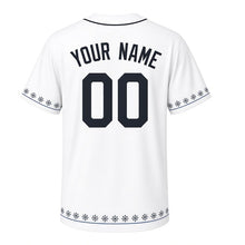 Load image into Gallery viewer, River Ice Skating Milwaukee Baseball Jersey in Snowdrift White, back view with your name and number – custom block name and number with snowflake-stripe sleeves