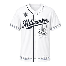 Load image into Gallery viewer, River Ice Skating Milwaukee Baseball Jersey in Snowdrift White, front view – laced ice skates and snowflake graphic with snowflake crest, custom name and number
