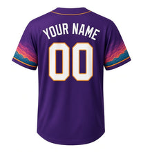 Load image into Gallery viewer, River Kayak Milwaukee Baseball Jersey in Twilight Purple, back view with your name and number – wave-patterned sleeves and rippled hem