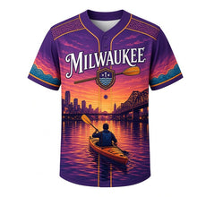 Load image into Gallery viewer, River Kayak Milwaukee Baseball Jersey in Twilight Purple, front view – kayakers paddling past river bridges and city lights, custom name and number