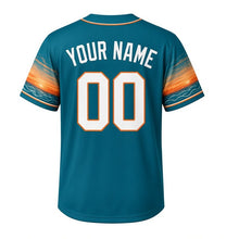 Load image into Gallery viewer, River Kayak Milwaukee Baseball Jersey in Riverwalk Teal, back view with your name and number – wave-patterned sleeves and rippled hem