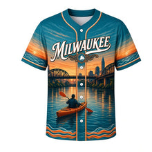 Load image into Gallery viewer, River Kayak Milwaukee Baseball Jersey in Riverwalk Teal, front view – kayakers paddling past river bridges and city lights, custom name and number