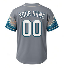 Load image into Gallery viewer, River Kayak Milwaukee Baseball Jersey in Bridge Steel Gray, back view with your name and number – wave-patterned sleeves and rippled hem