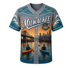 Load image into Gallery viewer, River Kayak Milwaukee Baseball Jersey in Bridge Steel Gray, front view – kayakers paddling past river bridges and city lights, custom name and number