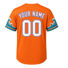Load image into Gallery viewer, River Kayak Milwaukee Baseball Jersey in Sunset Orange, back view with your name and number – wave-patterned sleeves and rippled hem