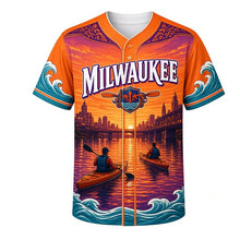 Load image into Gallery viewer, River Kayak Milwaukee Baseball Jersey in Sunset Orange, front view – kayakers paddling past river bridges and city lights, custom name and number