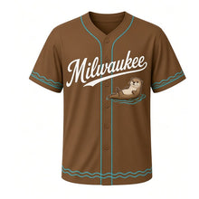 Load image into Gallery viewer, River Otter Milwaukee Baseball Jersey in Otter Brown, front view – floating river otter graphic with river-stone crest, custom name and number