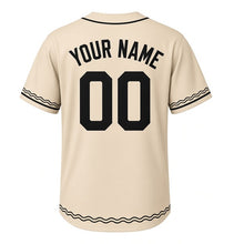 Load image into Gallery viewer, River Otter Milwaukee Baseball Jersey in Riverbank Sand, back view with your name and number – custom block name and number with ripple-stripe sleeves