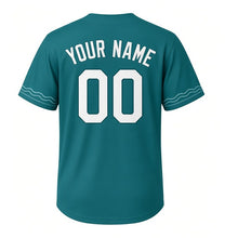 Load image into Gallery viewer, River Otter Milwaukee Baseball Jersey in River Teal, back view with your name and number – custom block name and number with ripple-stripe sleeves