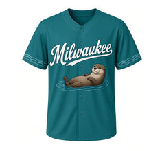 Load image into Gallery viewer, River Otter Milwaukee Baseball Jersey in River Teal, front view – floating river otter graphic with river-stone crest, custom name and number