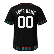 Load image into Gallery viewer, Riverboat Paddlewheel Milwaukee Baseball Jersey in Smokestack Black, back view with your name and number – custom block name and number with wave-stripe sleeves
