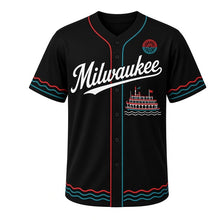 Load image into Gallery viewer, Riverboat Paddlewheel Milwaukee Baseball Jersey in Smokestack Black, front view – two-deck paddlewheel riverboat on waves graphic with paddle-wheel crest, custom name and number
