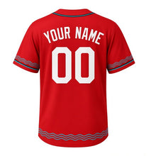 Load image into Gallery viewer, Riverboat Paddlewheel Milwaukee Baseball Jersey in Paddle Red, back view with your name and number – custom block name and number with wave-stripe sleeves