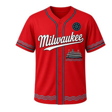 Load image into Gallery viewer, Riverboat Paddlewheel Milwaukee Baseball Jersey in Paddle Red, front view – two-deck paddlewheel riverboat on waves graphic with paddle-wheel crest, custom name and number