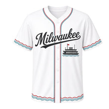Load image into Gallery viewer, Riverboat Paddlewheel Milwaukee Baseball Jersey in Steam White, front view – two-deck paddlewheel riverboat on waves graphic with paddle-wheel crest, custom name and number
