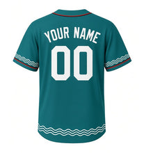 Load image into Gallery viewer, Riverboat Paddlewheel Milwaukee Baseball Jersey in River Teal, back view with your name and number – custom block name and number with wave-stripe sleeves