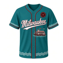 Load image into Gallery viewer, Riverboat Paddlewheel Milwaukee Baseball Jersey in River Teal, front view – two-deck paddlewheel riverboat on waves graphic with paddle-wheel crest, custom name and number