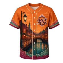 Load image into Gallery viewer, Riverwalk Lanterns Milwaukee Baseball Jersey in Lantern Amber, front view – glowing lanterns, bridges and river reflections at dusk, custom name and number
