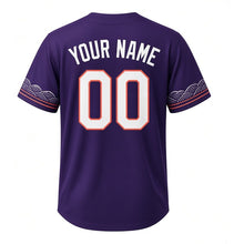 Load image into Gallery viewer, Riverwalk Lanterns Milwaukee Baseball Jersey in Dusk Indigo, back view with your name and number – wave-and-lantern sleeve and yoke pattern