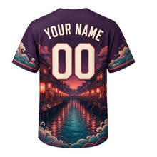 Load image into Gallery viewer, Riverwalk Lanterns Milwaukee Baseball Jersey in Twilight Plum, back view with your name and number – wave-and-lantern sleeve and yoke pattern