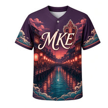Load image into Gallery viewer, Riverwalk Lanterns Milwaukee Baseball Jersey in Twilight Plum, front view – glowing lanterns, bridges and river reflections at dusk, custom name and number