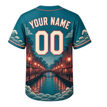 Load image into Gallery viewer, Riverwalk Lanterns Milwaukee Baseball Jersey in River Teal, back view with your name and number – wave-and-lantern sleeve and yoke pattern